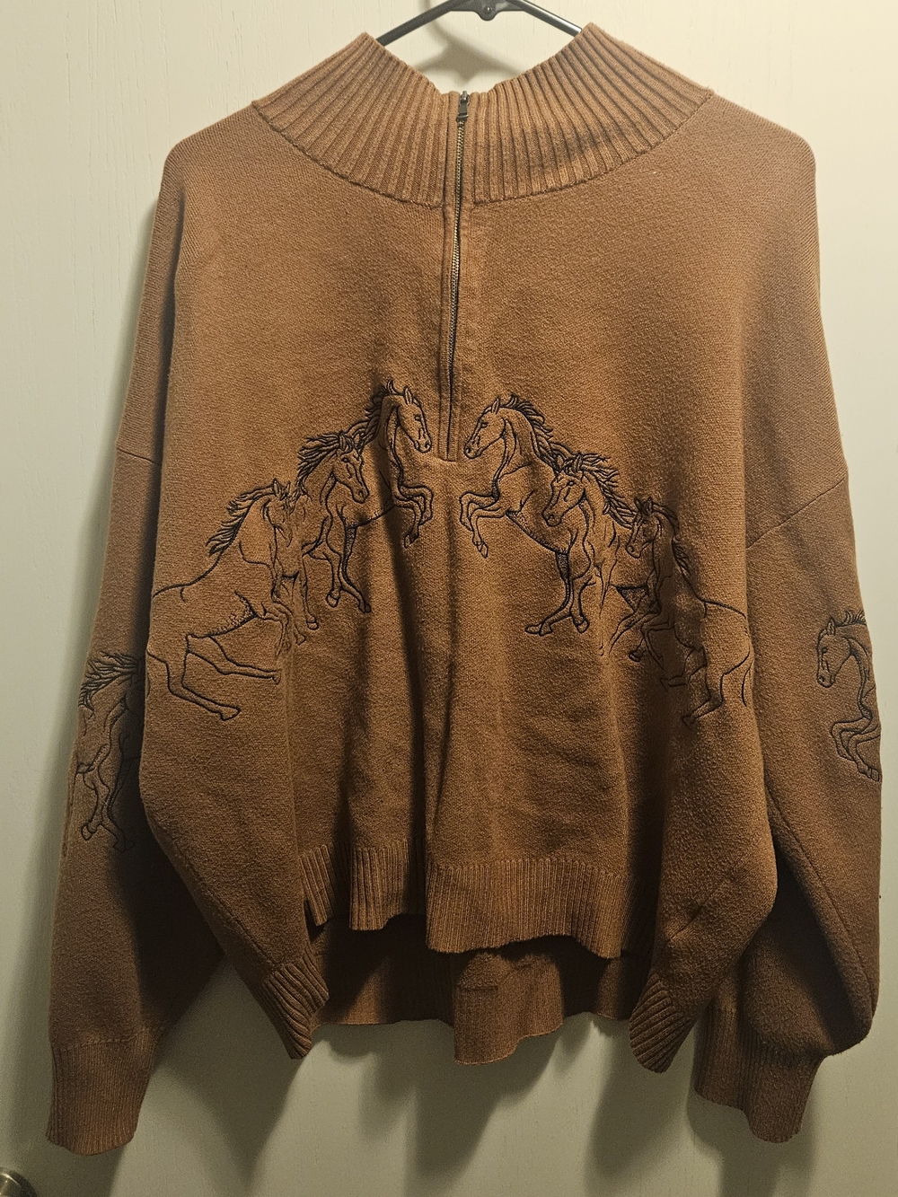 Anthropologie- Maeve brand Horse-Print Half-Zip Sweater Top - Picture 2 of 4